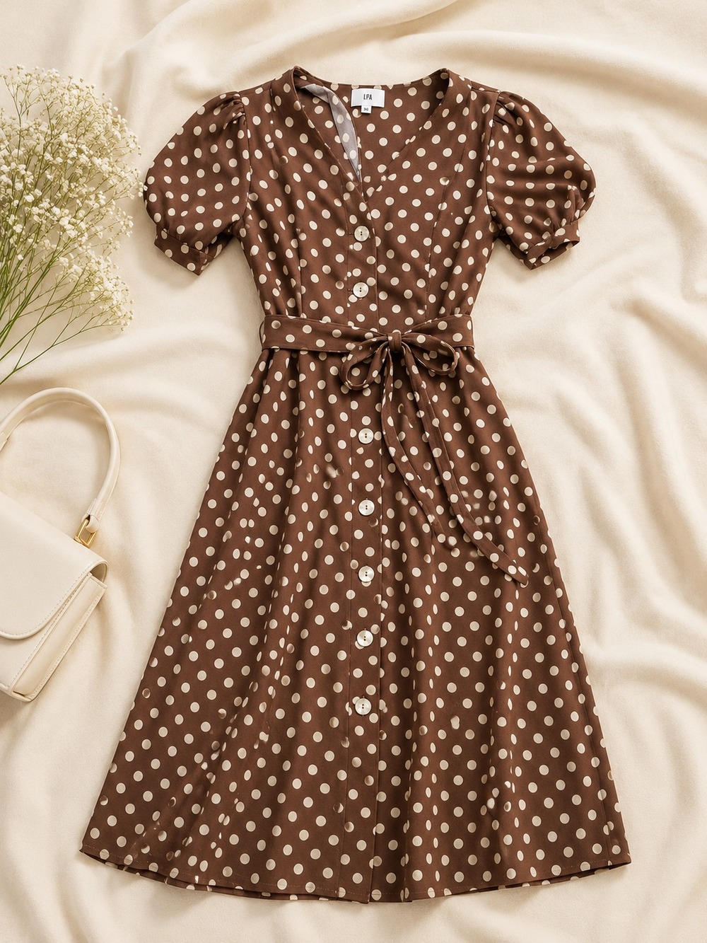 LPA Brown Polka Dot Button-Front Midi Dress